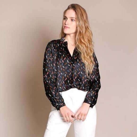 Tucker Tops - Tucker Long Sleeve Polo Blouse Space Cake Silk Top